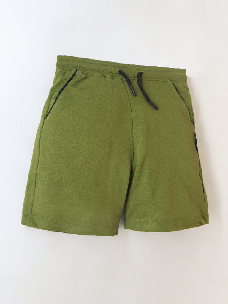 Cherry Crumble Olive Green Solid Cotton Blend Elasticated waist with Pockets Summer Shorts For Boys