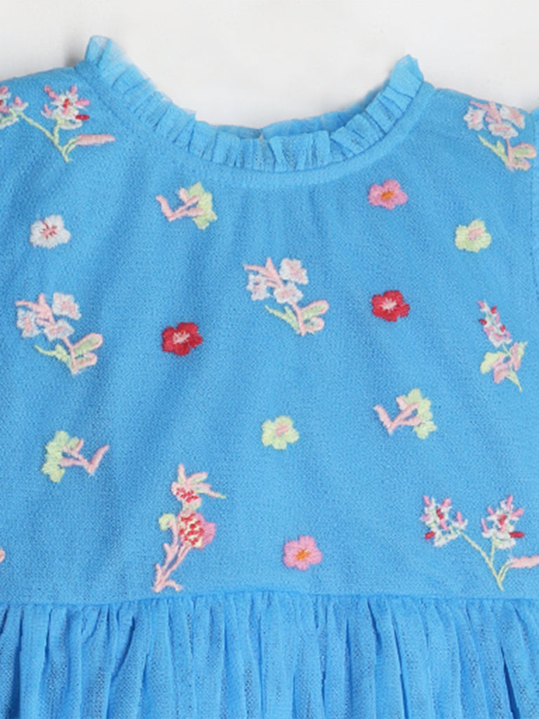 Cherry Crumble Cotton Blend Blue Round neck with Zipper Closure embroidered Fit & Dress Flare For Girls 