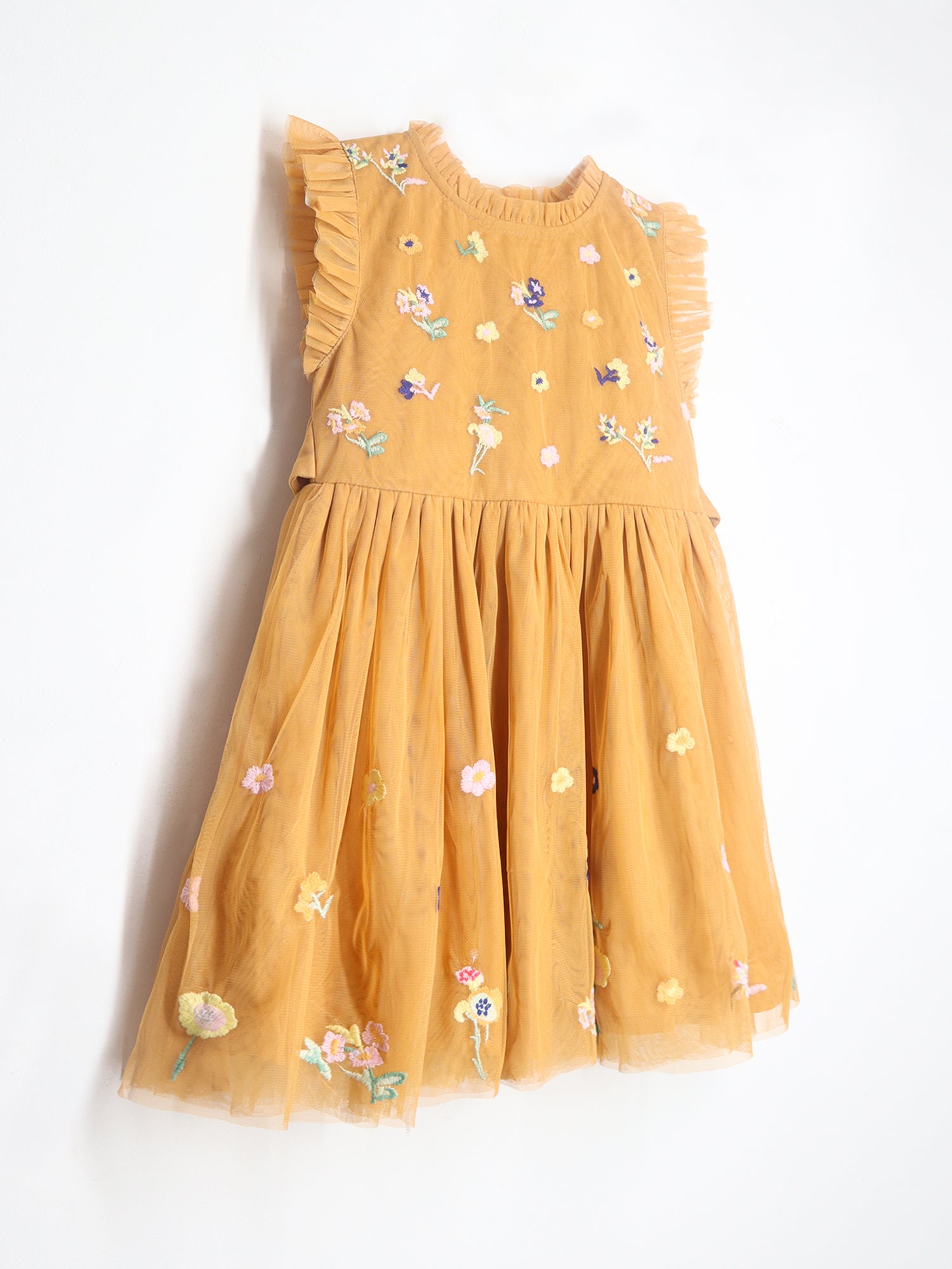 Smart Casual Orange Embroidered Cotton Blend & Frill Sleeves with Zipper Closure Fit & Flared Summer Dress For Girls