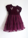  Wine Cotton Blend and Short Sleeves with Zipper Closure Fit & Flared Embellished Partywear Dress For Girls