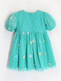 Smart Casual Sea Green Embroidered Cotton Blend & Frill Sleeves with Zipper Closure Fit & Flared Summer Dress For Girls