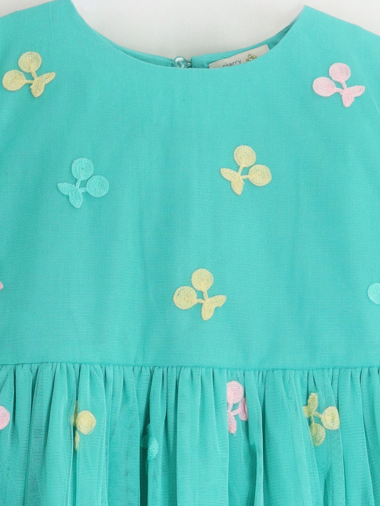 Smart Casual Sea Green Embroidered Cotton Blend & Frill Sleeves with Zipper Closure Fit & Flared Summer Dress For Girls