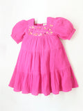 Smart Casual Pink Cotton Puff Sleeves & Square Neck with Zipper Closure Embroidered Fit & Flare Dress For Girls