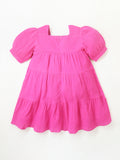 Smart Casual Pink Cotton Puff Sleeves & Square Neck with Zipper Closure Embroidered Fit & Flare Dress For Girls