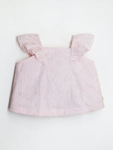 Smart Casual Baby Pink Cotton & Square Neck with Flare Sleeves Summer Top For Girls