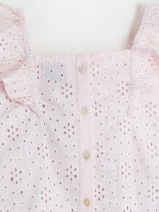 Smart Casual Baby Pink Cotton & Square Neck with Flare Sleeves Summer Top For Girls