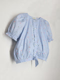 Smart Casual Skyblue Cotton & Puffy Sleeves with Button Closure Floral Printed Summer Top For Girls