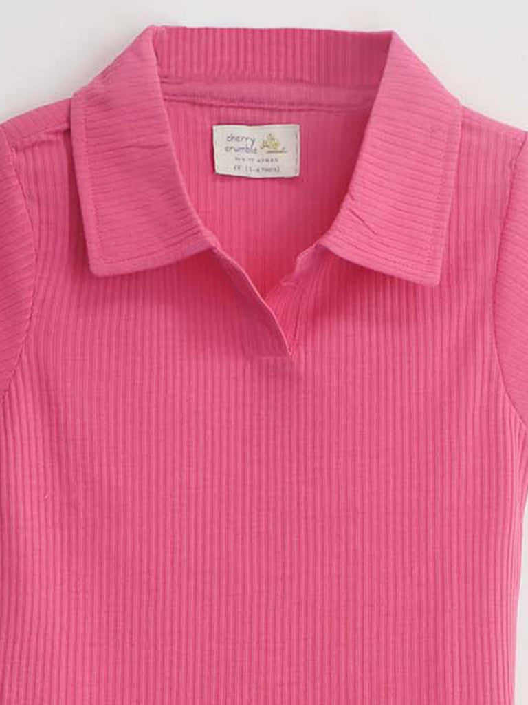 Smart Casual Pink Cotton Blend Half Sleeves with Shirt Collar Summer T-Shirt For Girls