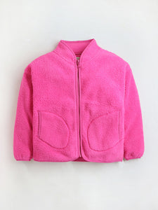 Girls' Hot Pink High Collar Full Sleeve Zipper Jacket for Ultimate Style