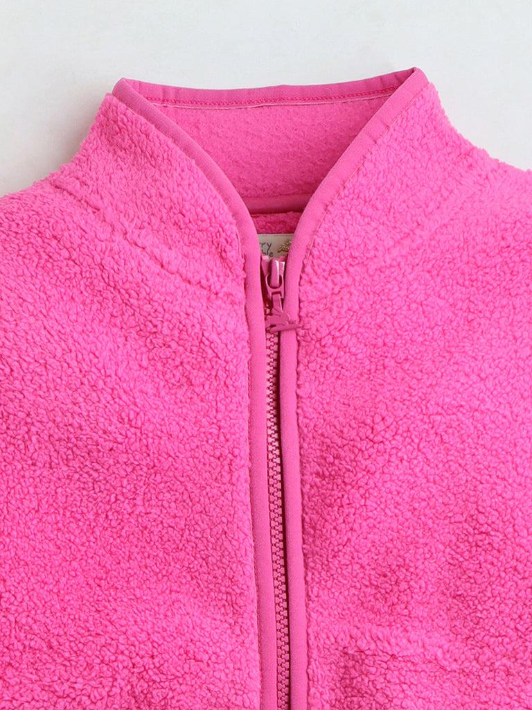 Girls' Hot Pink High Collar Full Sleeve Zipper Jacket for Ultimate Style