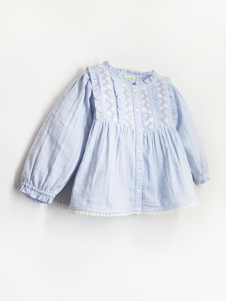 Smart Casual Skyblue Cotton & Puffy Sleeves with Button Closure Embroidered Flare Summer Top For Girls