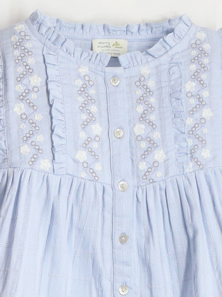 Smart Casual Skyblue Cotton & Puffy Sleeves with Button Closure Embroidered Flare Summer Top For Girls