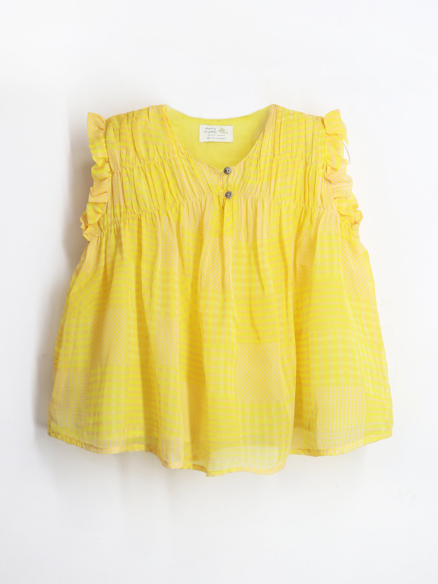 Cherry Crumble Smart Casual Mustard Cotton Blend Round Neck with Button closure Smockey Top For Girls