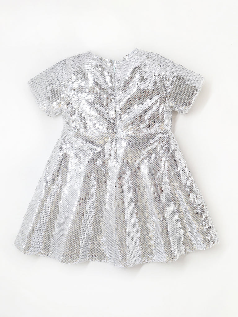 Party wear Grey Cotton Blend and Half Sleeves with Zipper Closure Fit & Flared Sequin Dress For Girls
