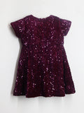  Wine Cotton Blend and Half Sleeves with Zipper Closure Fit & Flared Partywear Sequin Dress For Girls