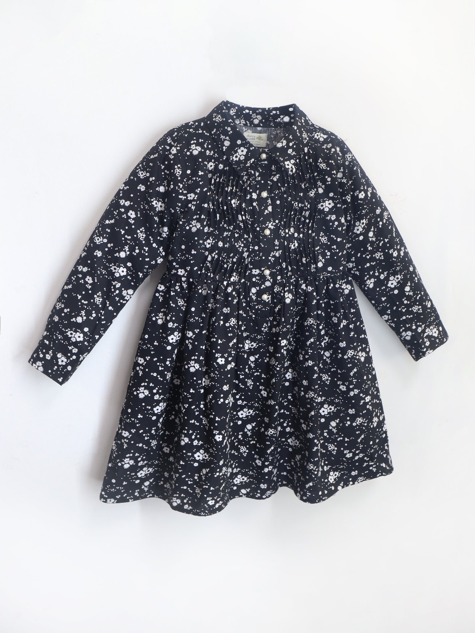 Smart Casual Black Cotton Cuffed Sleeves with Shirt Collar Summer Fit & Flare Dress For Girls