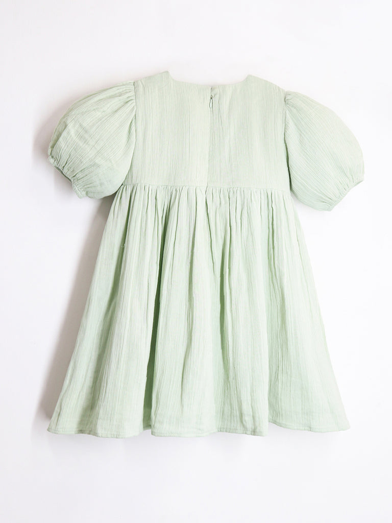 Cherry Crumble Cotton Green Round neck with Zipper Closure embroidered Fit & Dress Flare For Girls 