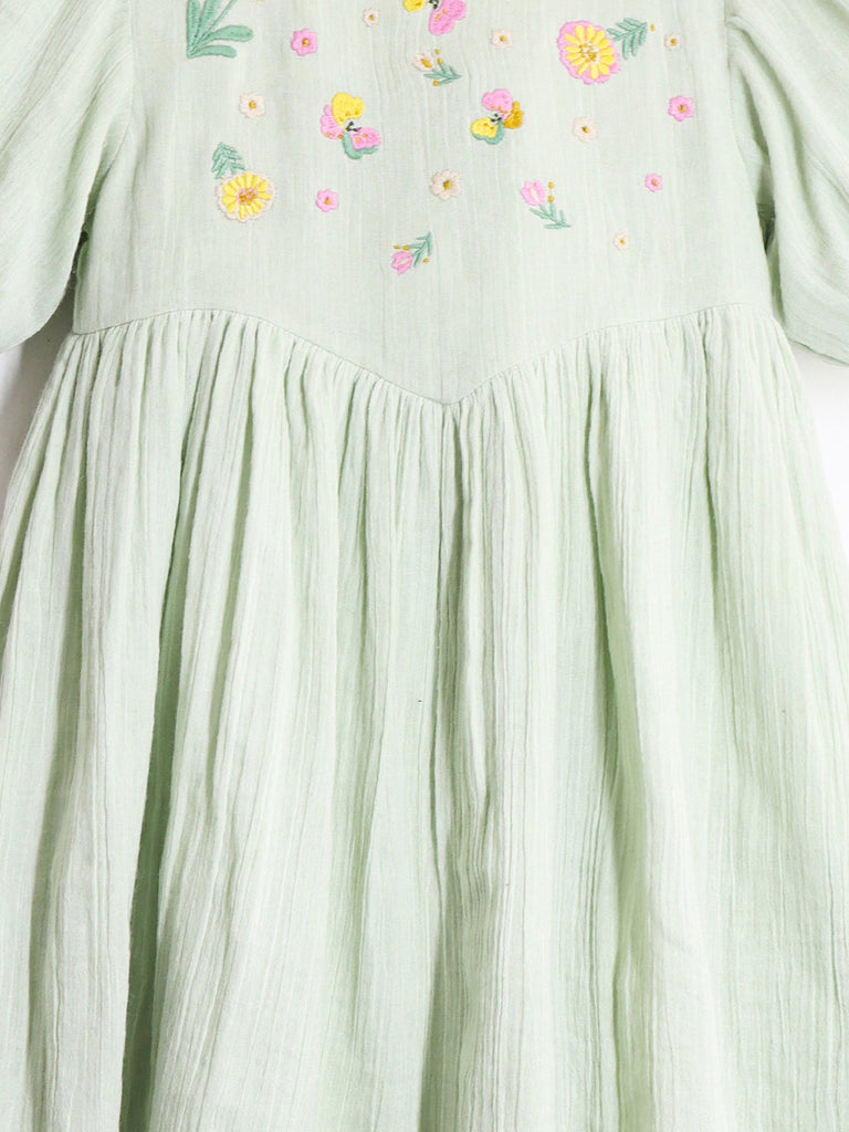 Cherry Crumble Cotton Green Round neck with Zipper Closure embroidered Fit & Dress Flare For Girls 