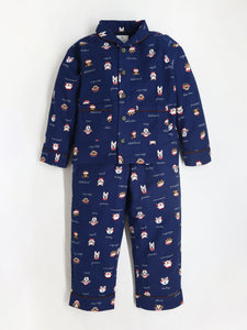 Kids Animal Print Navy Blue Cotton Night Suit