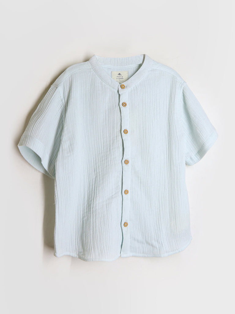 Soft Pure Cotton Sky Blue Half Sleeve Chinese Collar Button-Down Shirt for Boys