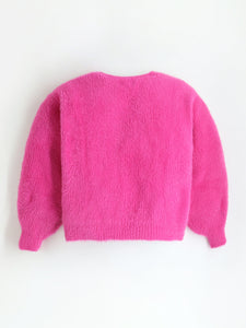 Hot Pink Puff Full Sleeve Warm Furry Solid Round Neck Sweater For Girls