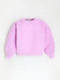 Cute Baby Pink Puffy Sleeve Warm Solid Round Neck Sweater For Girls